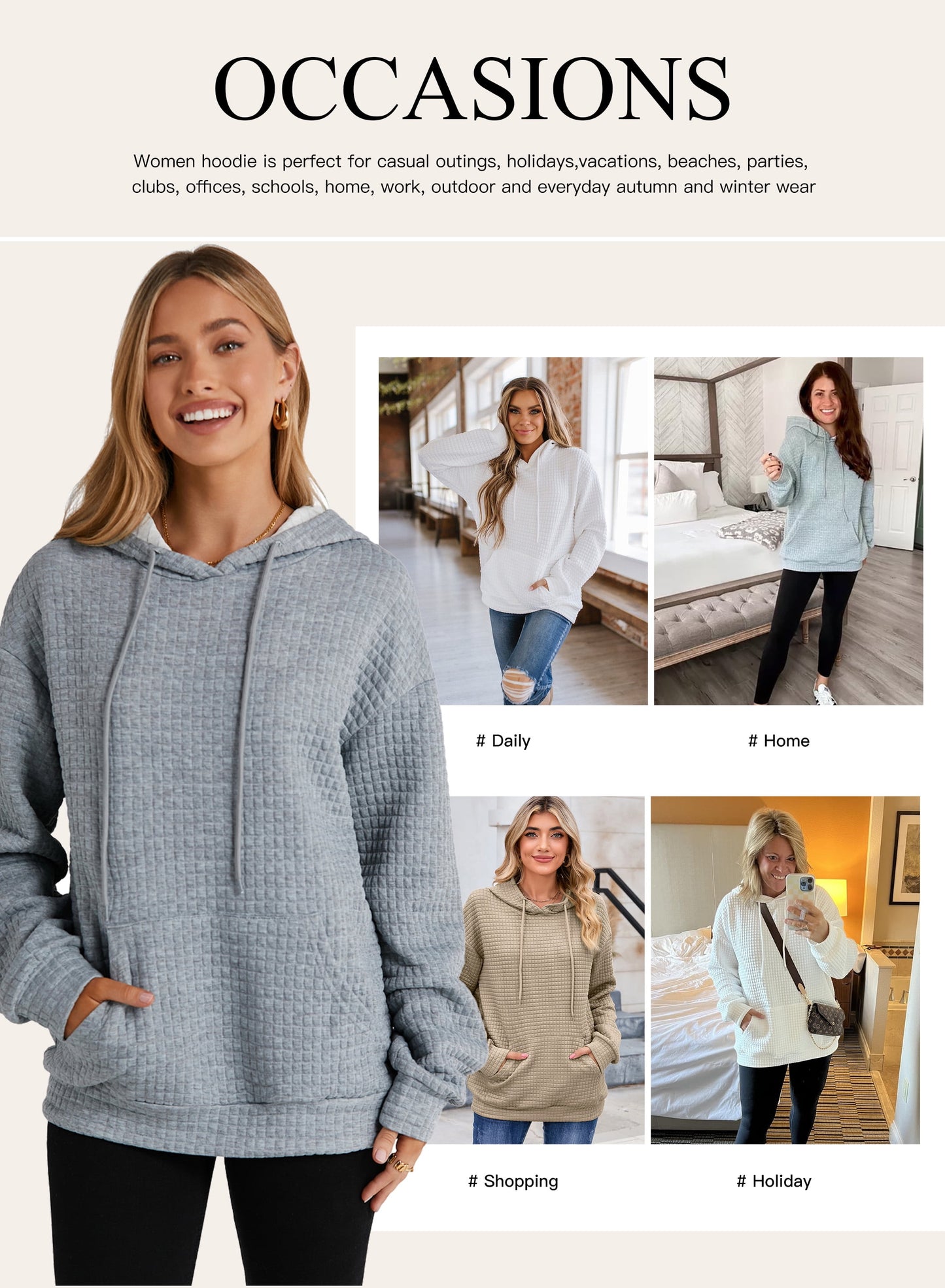 Womens Hoodies Oversized Hoodies Sweatshirts Waffle Knit V Neck Hoodie Pullover Casual Long Sleeve Hooded Tops with Pocket Brown XL