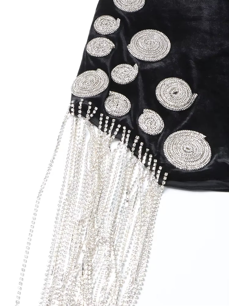 LuxeLink™ Chain Patchwork Mini Dress – Deep V-Neck, High Waist Elegance with Slimming Fit and Long Sleeves