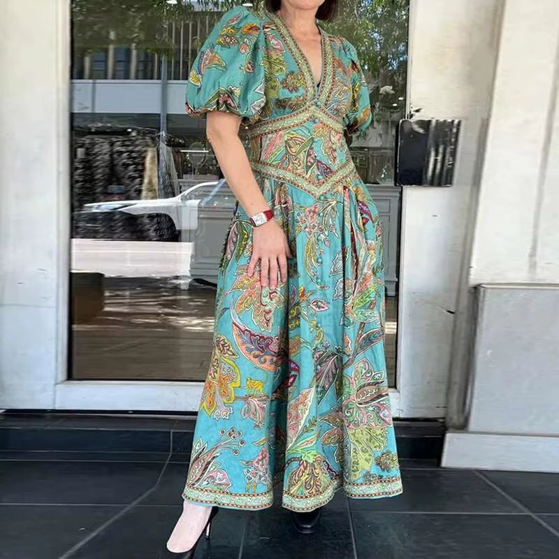 Timeless Grace: Vintage Lantern Sleeve V Neck Maxi Dress