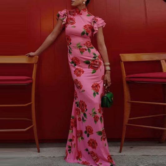 Breezy Elegance: Summer Ruffled Short Sleeved Slim Long Dress