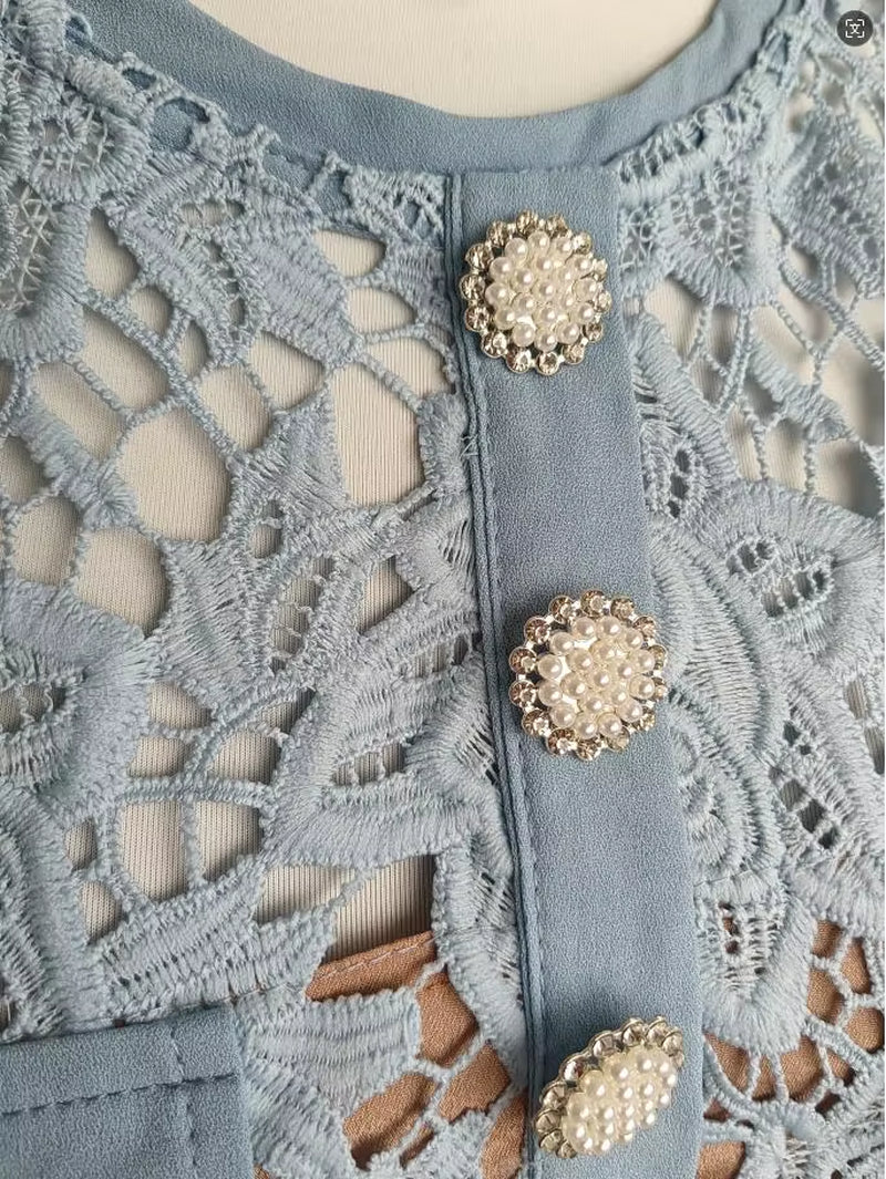 Elegant Summer Lace Dress for Women with Floral Embroidery, Diamond Buttons, Belted Waist, and Ruffle