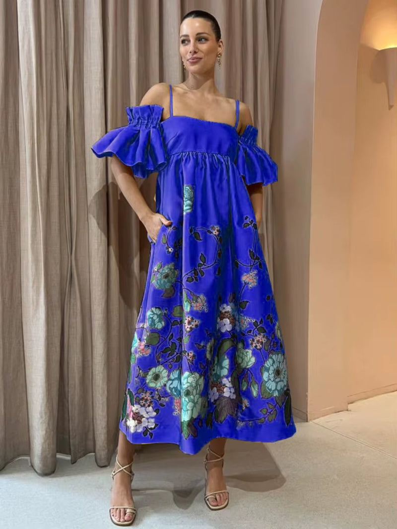 SoleVibe™ 2024 One-Shoulder Vintage Print Dress – Sexy Halter, Hidden Pockets, and Elegant Summer Party Vibes