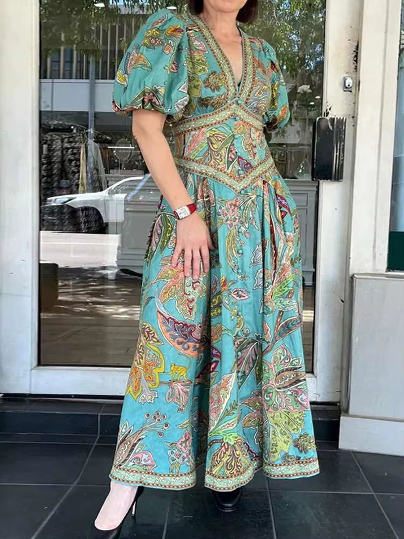 Timeless Grace: Vintage Lantern Sleeve V Neck Maxi Dress